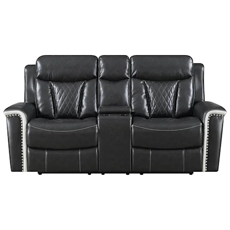 Two Tone Power Console Reclining Loveseat with Nailheads and USB Charging Ports